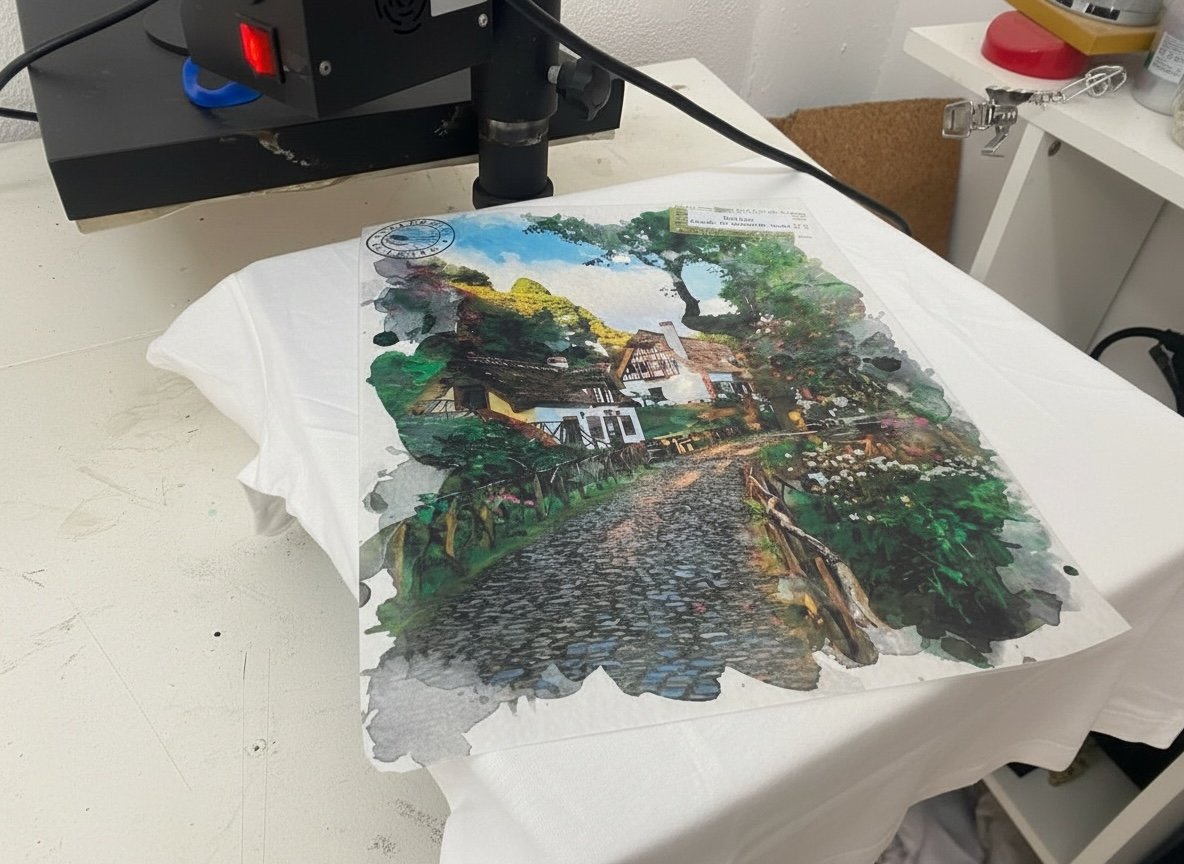 Processo de estampagem DTF na prensa — Loja de Presente, Funchal