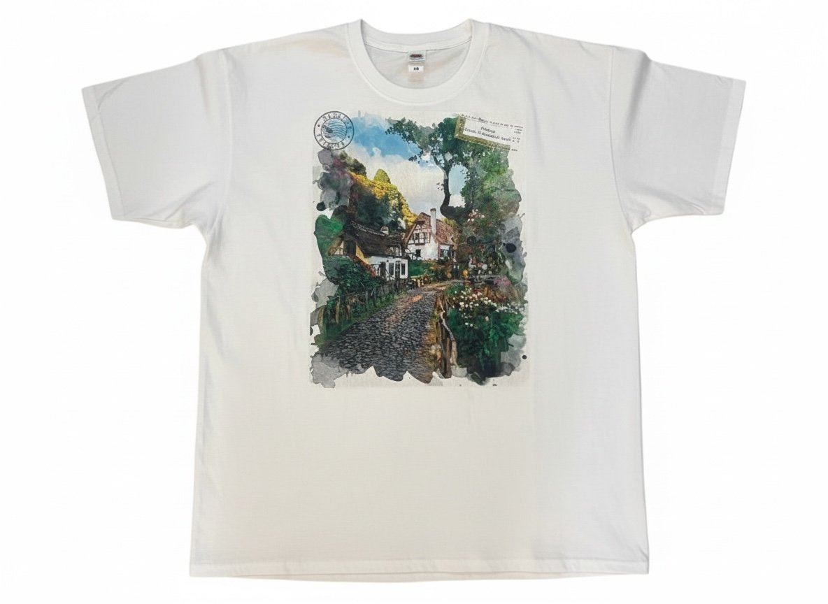 T-shirt com estampagem DTF — paisagem da Madeira em aquarela