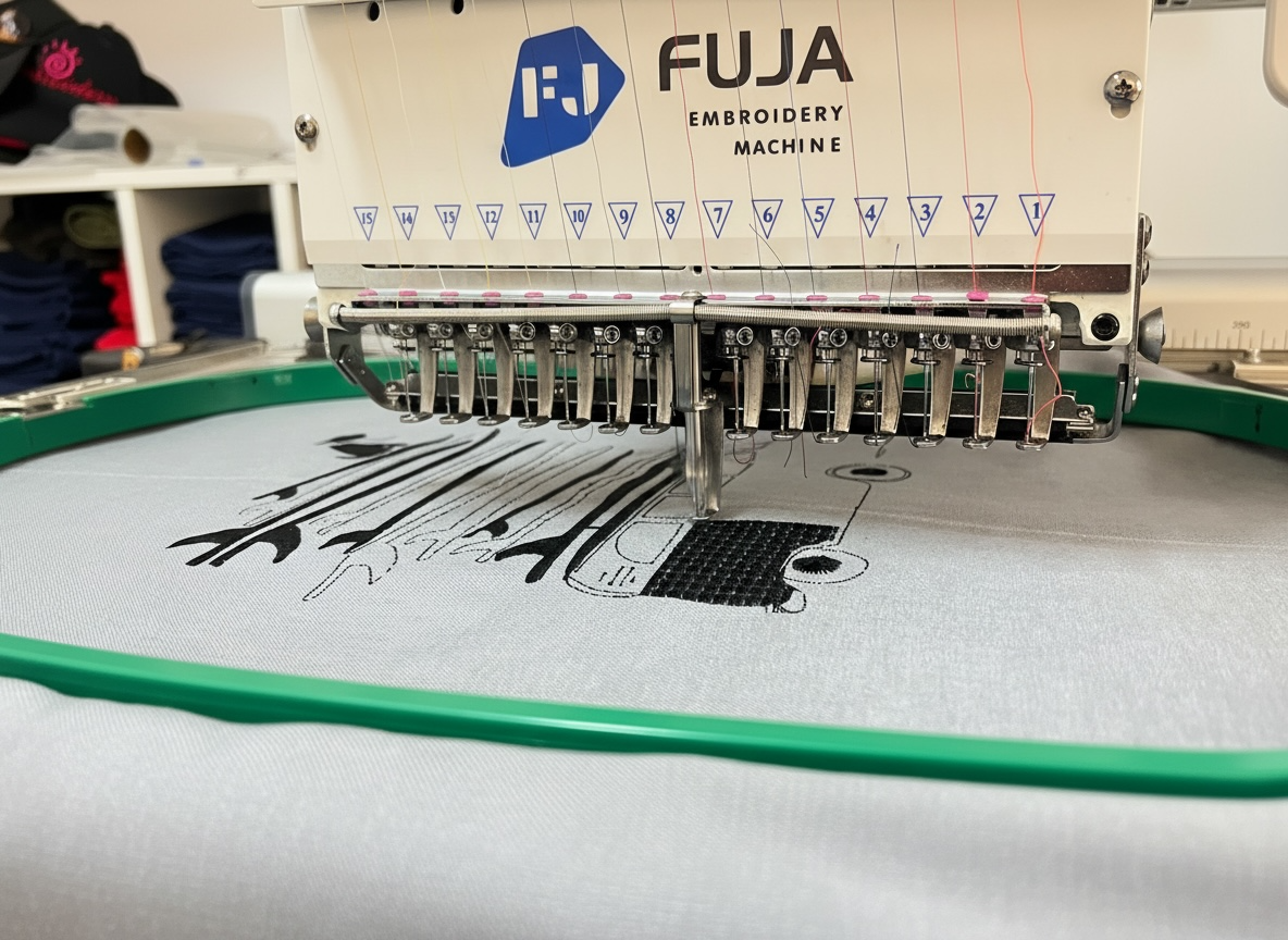 Máquina de bordado FUJA em ação — Loja de Presente Funchal